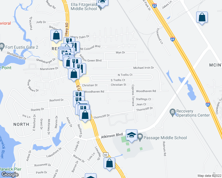 map of restaurants, bars, coffee shops, grocery stores, and more near 27 Christian Street in Newport News
