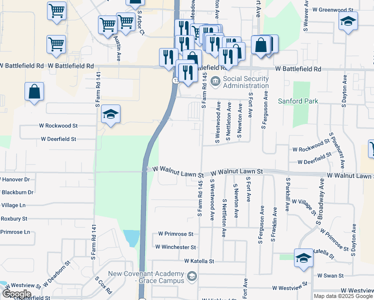 map of restaurants, bars, coffee shops, grocery stores, and more near 3245 South Kansas Avenue in Springfield
