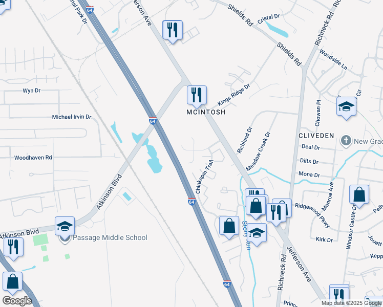 map of restaurants, bars, coffee shops, grocery stores, and more near 13023 Green Grove Lane in Newport News