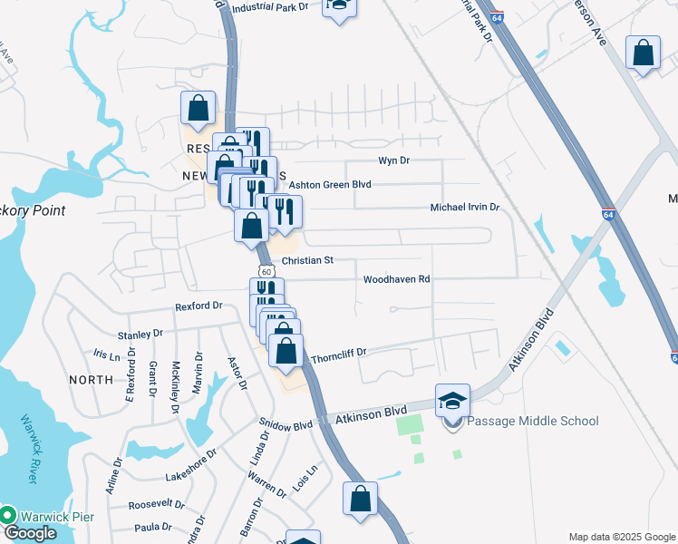 map of restaurants, bars, coffee shops, grocery stores, and more near 21 Woodhaven Road in Newport News