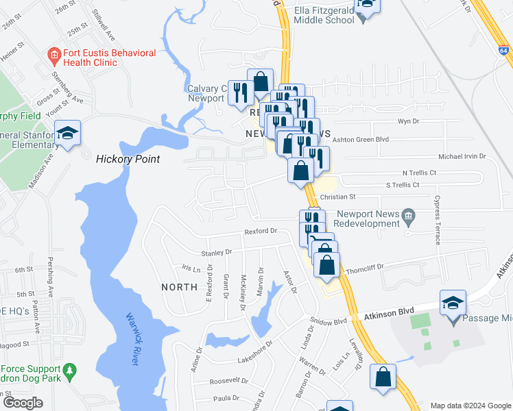 map of restaurants, bars, coffee shops, grocery stores, and more near River Palms Road in Newport News