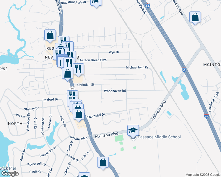 map of restaurants, bars, coffee shops, grocery stores, and more near 38 Christian Street in Newport News