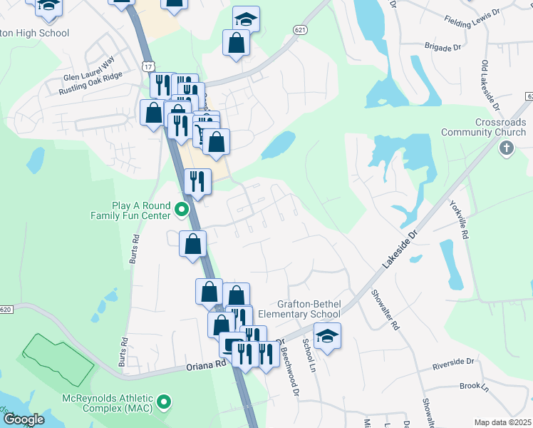 map of restaurants, bars, coffee shops, grocery stores, and more near 105 Wethersfield Park in Yorktown