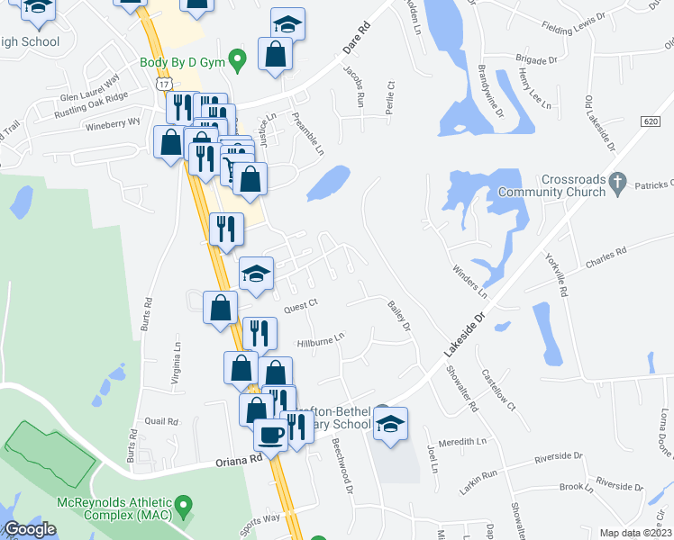 map of restaurants, bars, coffee shops, grocery stores, and more near 115 Kingsbridge Lane in Yorktown