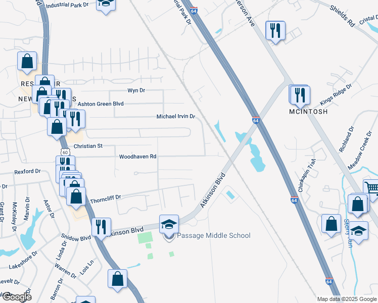 map of restaurants, bars, coffee shops, grocery stores, and more near 219 Woodhaven Road in Newport News