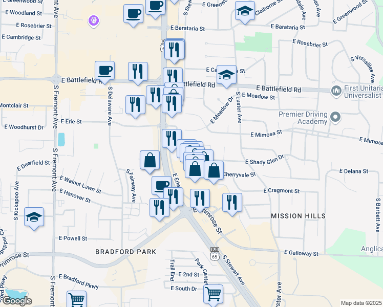 map of restaurants, bars, coffee shops, grocery stores, and more near 1902 East Ridgewood Street in Springfield