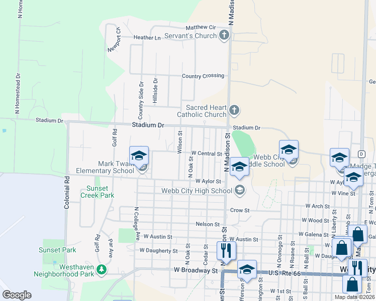 map of restaurants, bars, coffee shops, grocery stores, and more near 812 N Oak St in Webb City