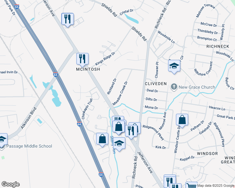 map of restaurants, bars, coffee shops, grocery stores, and more near 11 Meadow Creek Drive in Newport News