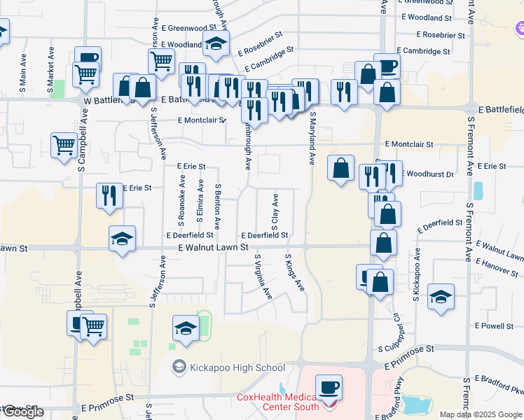 map of restaurants, bars, coffee shops, grocery stores, and more near 3239 South Virginia Avenue in Springfield
