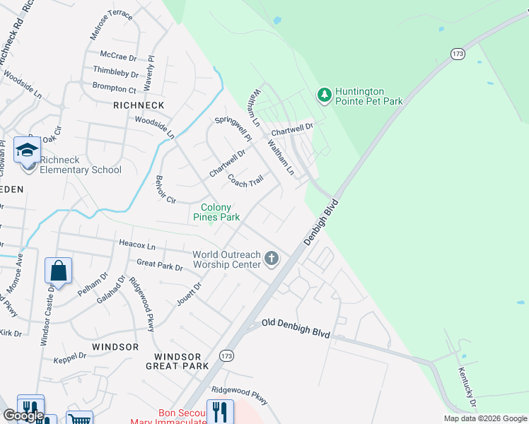 map of restaurants, bars, coffee shops, grocery stores, and more near 1217 Cobbler Way in Newport News