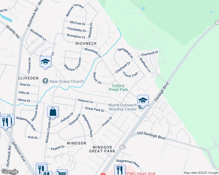 map of restaurants, bars, coffee shops, grocery stores, and more near 876 Belvoir Circle in Newport News