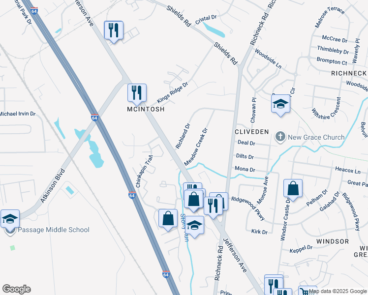 map of restaurants, bars, coffee shops, grocery stores, and more near 2 Richland Drive in Newport News