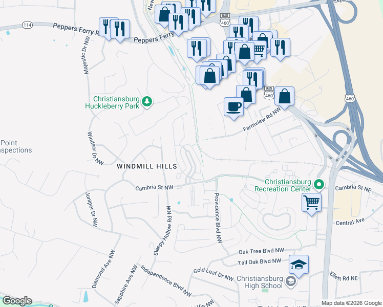 map of restaurants, bars, coffee shops, grocery stores, and more near 260 Phoenix Boulevard Northwest in Christiansburg