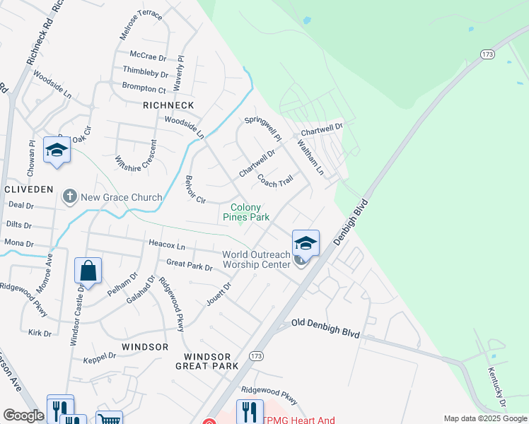 map of restaurants, bars, coffee shops, grocery stores, and more near 931 Jouett Drive in Newport News