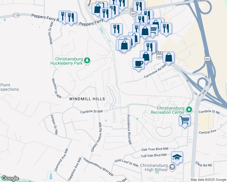 map of restaurants, bars, coffee shops, grocery stores, and more near 260 Phoenix Boulevard Northwest in Christiansburg