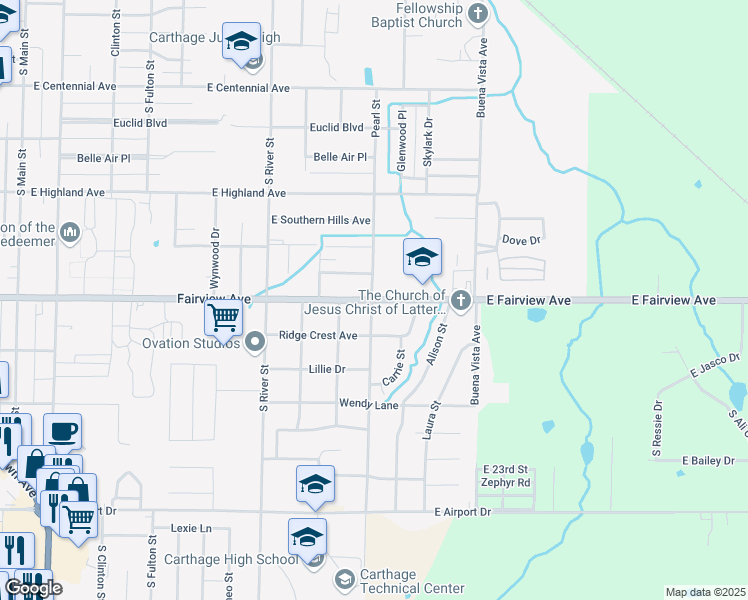 map of restaurants, bars, coffee shops, grocery stores, and more near 1201 East Fairview Avenue in Carthage