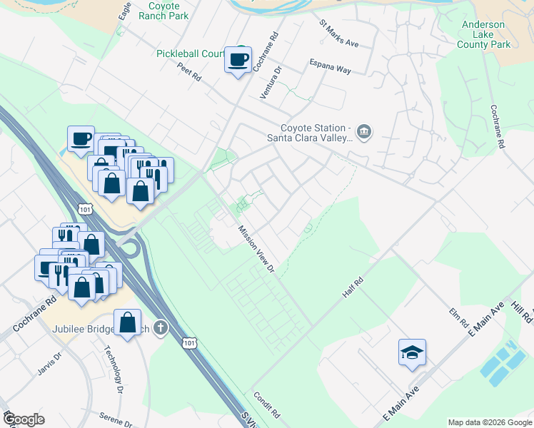 map of restaurants, bars, coffee shops, grocery stores, and more near 18312 Solano Court in Morgan Hill