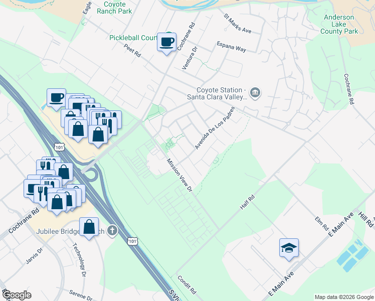 map of restaurants, bars, coffee shops, grocery stores, and more near 18312 Solano Court in Morgan Hill