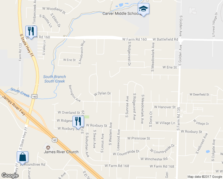 map of restaurants, bars, coffee shops, grocery stores, and more near 3521 West Dylan Drive in Springfield