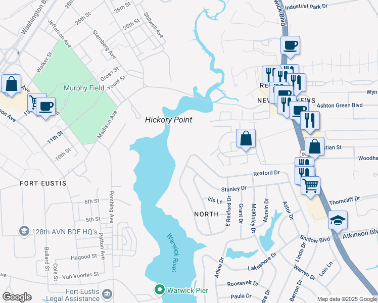 map of restaurants, bars, coffee shops, grocery stores, and more near 104 West Rexford Drive in Newport News