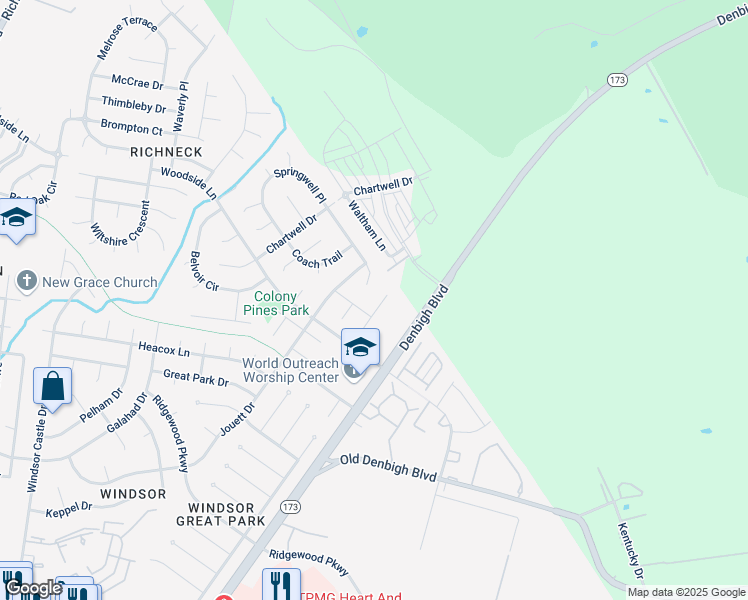 map of restaurants, bars, coffee shops, grocery stores, and more near 949 Lowry Place in Newport News