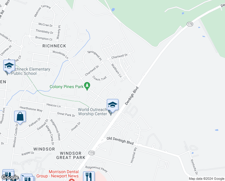 map of restaurants, bars, coffee shops, grocery stores, and more near 1221 Cobbler Way in Newport News