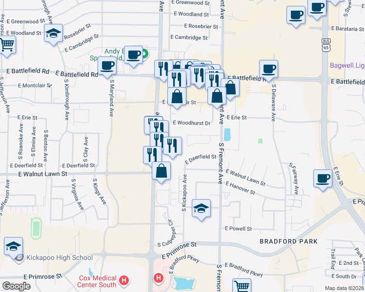 map of restaurants, bars, coffee shops, grocery stores, and more near 1314 East Rockwood Street in Springfield