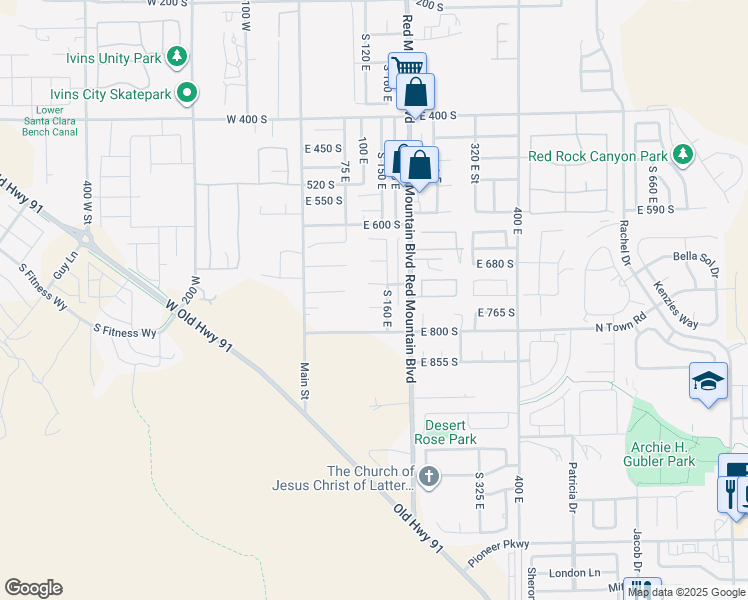 map of restaurants, bars, coffee shops, grocery stores, and more near 726 160 East in Ivins