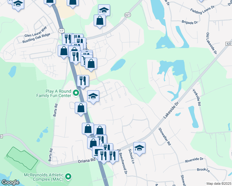 map of restaurants, bars, coffee shops, grocery stores, and more near 104 Kingsbridge Lane in Yorktown