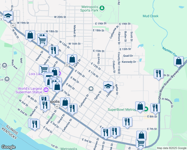 map of restaurants, bars, coffee shops, grocery stores, and more near 1001-1099 Girard St in Metropolis