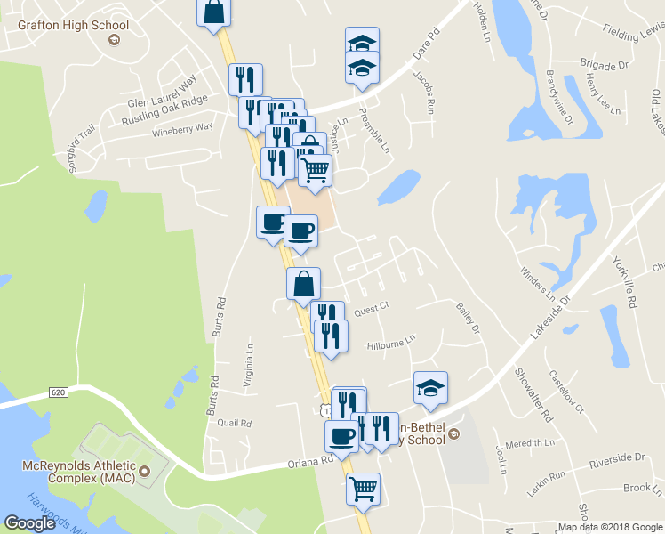 map of restaurants, bars, coffee shops, grocery stores, and more near 119 Choisy Crescent in Yorktown