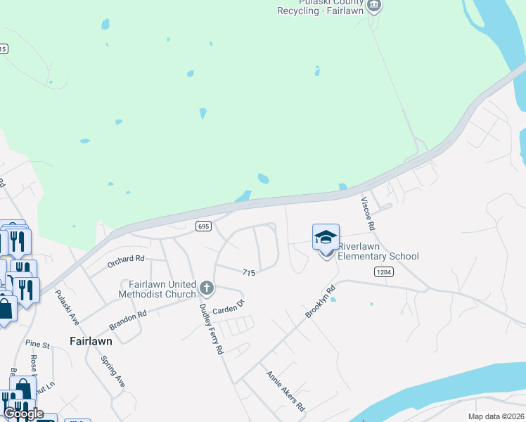 map of restaurants, bars, coffee shops, grocery stores, and more near 7640 Peppers Ferry Boulevard in Fairlawn