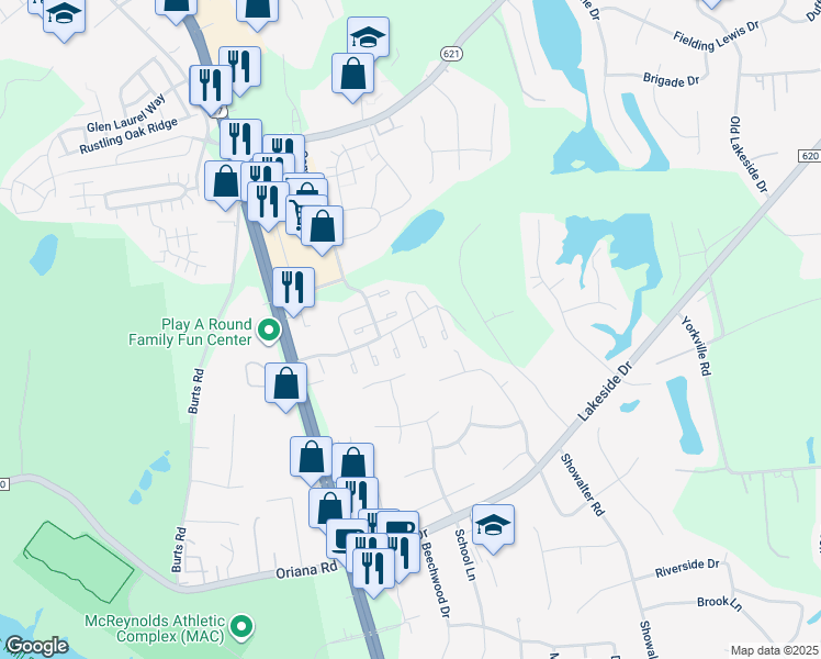 map of restaurants, bars, coffee shops, grocery stores, and more near 102 Kingsbridge Lane in Yorktown