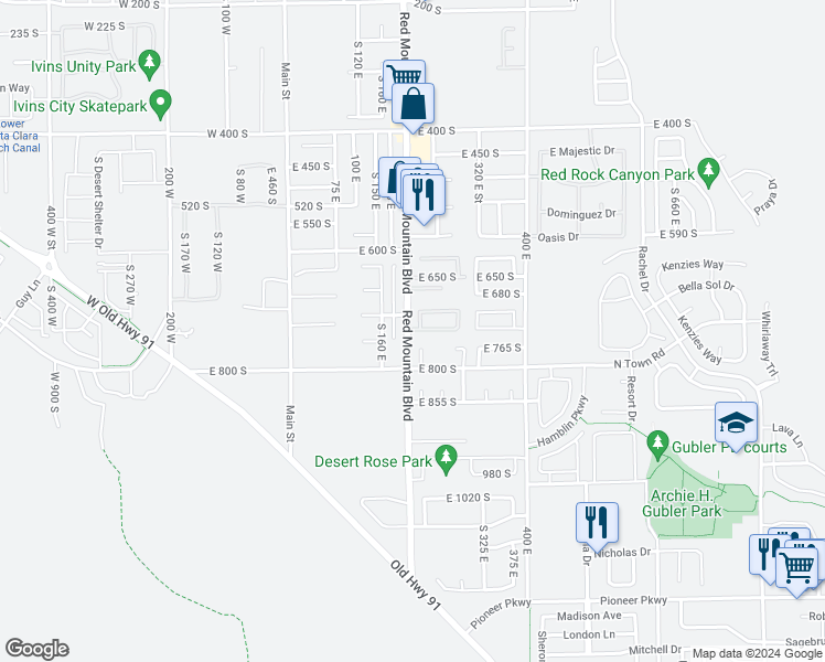map of restaurants, bars, coffee shops, grocery stores, and more near 200 East 740 South in Ivins