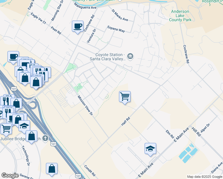 map of restaurants, bars, coffee shops, grocery stores, and more near 18290 Serra Place in Morgan Hill