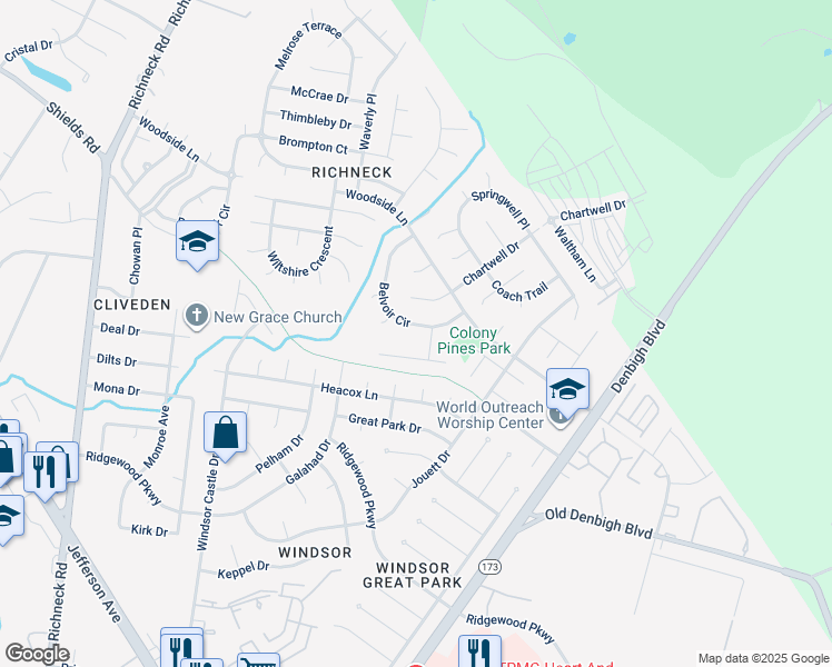 map of restaurants, bars, coffee shops, grocery stores, and more near 882 Belvoir Circle in Newport News
