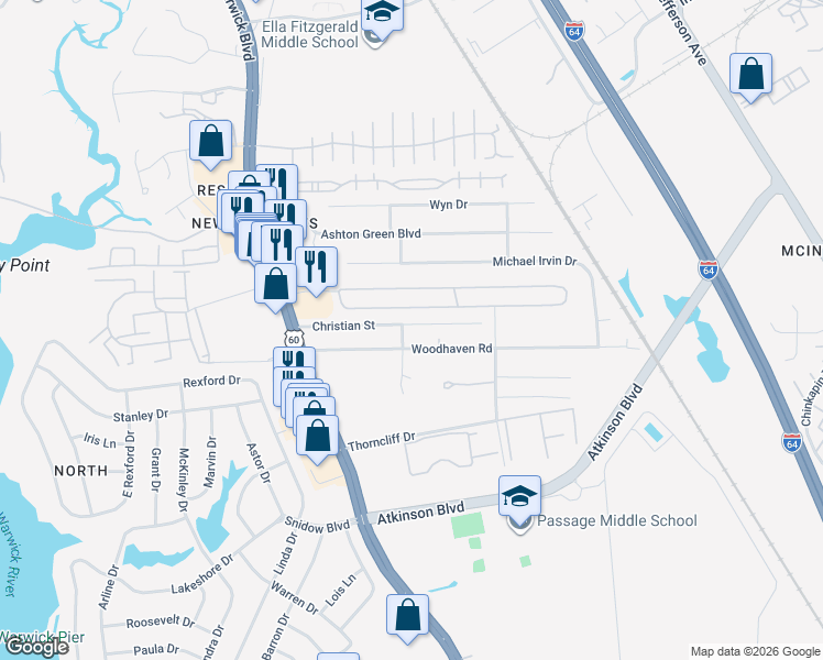 map of restaurants, bars, coffee shops, grocery stores, and more near 27 Christian Street in Newport News