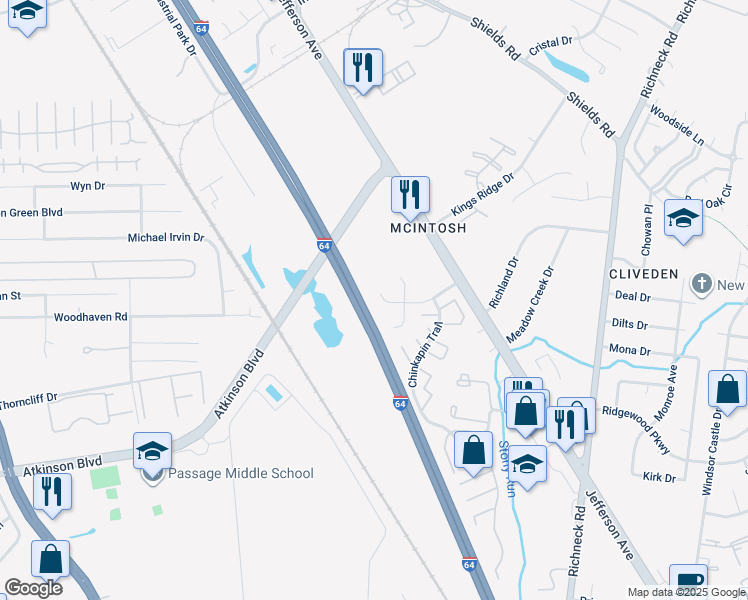 map of restaurants, bars, coffee shops, grocery stores, and more near 13035 Green Grove Lane in Newport News