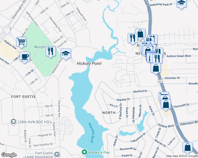 map of restaurants, bars, coffee shops, grocery stores, and more near 104 West Rexford Drive in Newport News