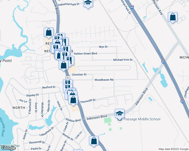 map of restaurants, bars, coffee shops, grocery stores, and more near 27 Christian Street in Newport News