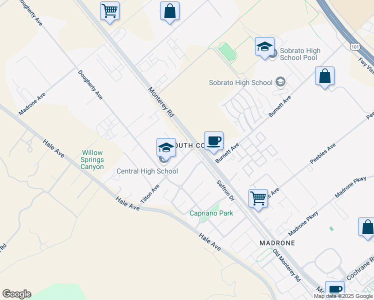 map of restaurants, bars, coffee shops, grocery stores, and more near 23 Tilton Avenue in Morgan Hill