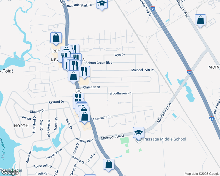 map of restaurants, bars, coffee shops, grocery stores, and more near 122 Christian Street in Newport News