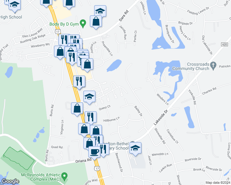 map of restaurants, bars, coffee shops, grocery stores, and more near 107 Kingsbridge Lane in Yorktown