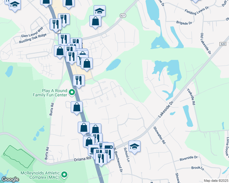 map of restaurants, bars, coffee shops, grocery stores, and more near 107 Kingsbridge Lane in Yorktown