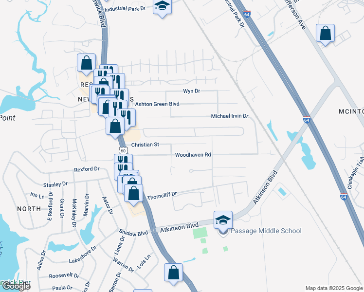map of restaurants, bars, coffee shops, grocery stores, and more near 122 Christian Street in Newport News