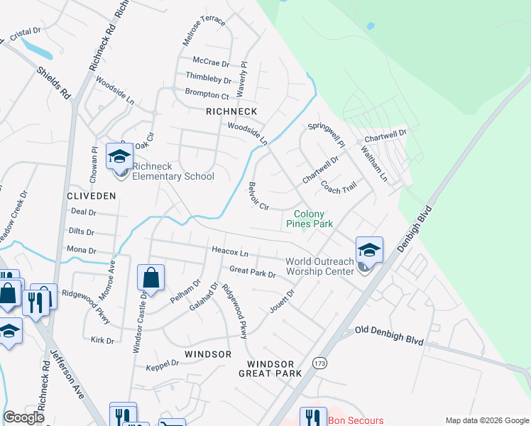 map of restaurants, bars, coffee shops, grocery stores, and more near 886 Belvoir Circle in Newport News