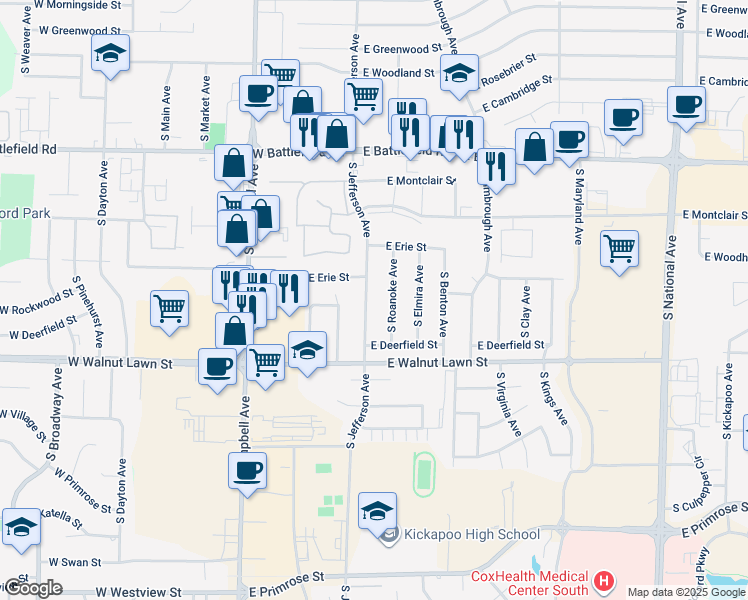 map of restaurants, bars, coffee shops, grocery stores, and more near 3255 South Roanoke Avenue in Springfield