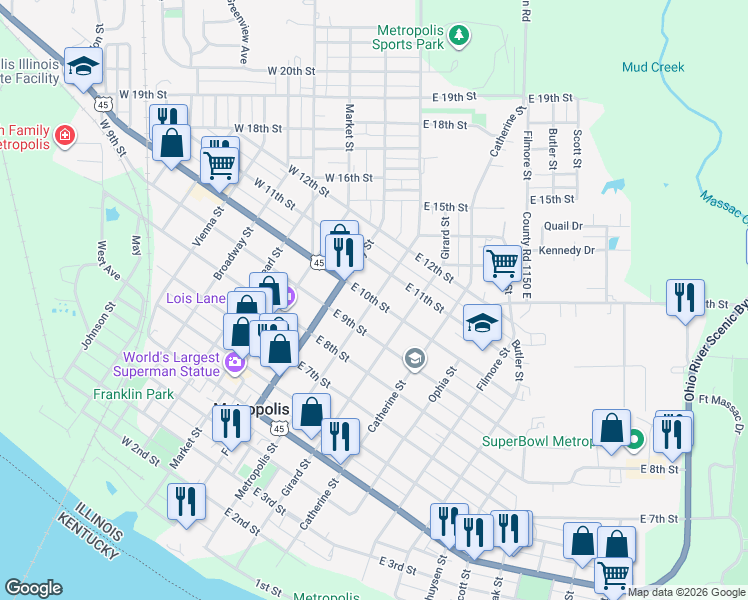 map of restaurants, bars, coffee shops, grocery stores, and more near 1000 Metropolis Street in Metropolis