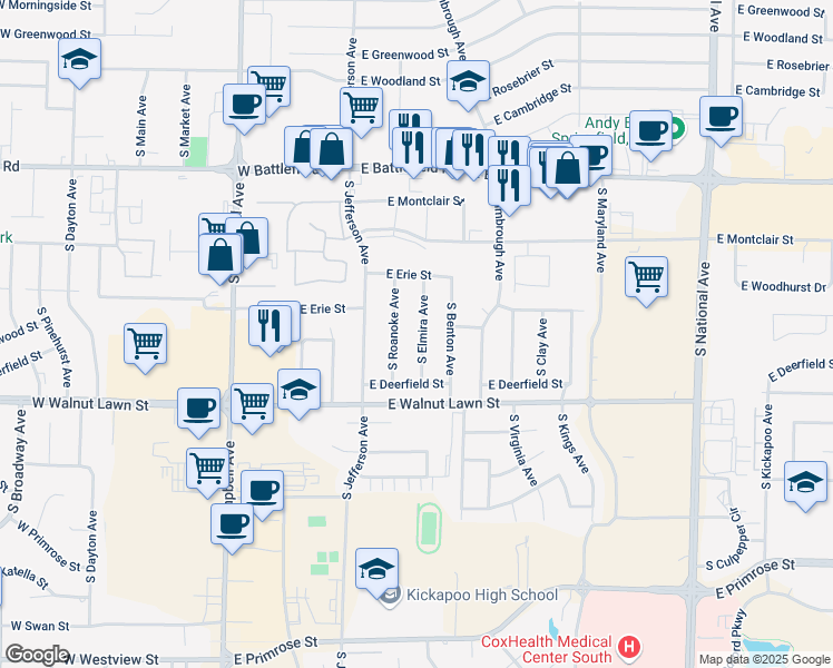 map of restaurants, bars, coffee shops, grocery stores, and more near 3253 South Elmira Avenue in Springfield
