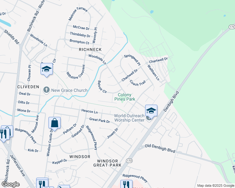 map of restaurants, bars, coffee shops, grocery stores, and more near 876 Belvoir Circle in Newport News
